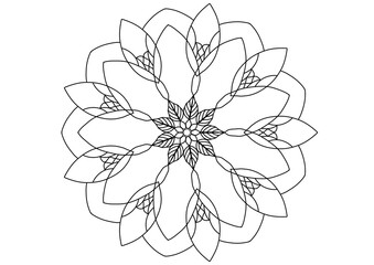 Hand-drawn Mandala Flower with Boho Peace Symbol, Black and White Line Art