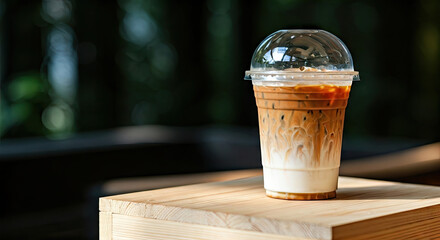 Iced Coffee in Plastic Cup on Wooden Table Outdoors