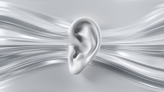 Incorrect Volume Levels A minimalist abstract 3D illustration of an ear being overwhelmed by overly large, amplified sound waves. Bright, almost distorted visual.