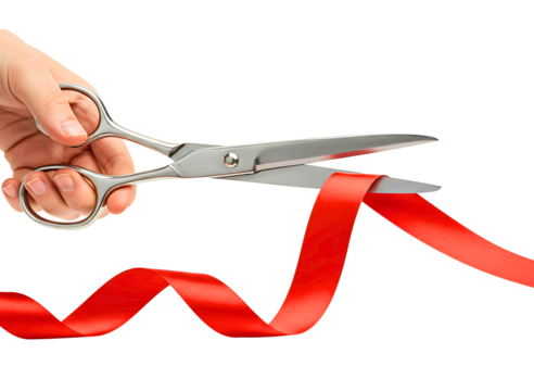 Hand holding scissors cutting a red ribbon isolated on transparent background