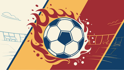 Stylized Soccer Ball with Flames and Stadium Background Illustration.