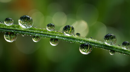Fragile dewdrops clinging to a blade of grass on a misty green field in the morning (3)