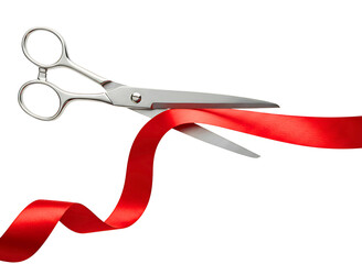 Hand holding scissors cutting a red ribbon isolated on transparent background