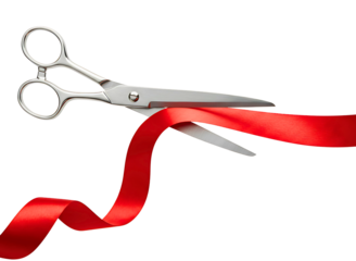 Hand holding scissors cutting a red ribbon isolated on transparent background