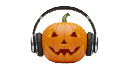 A carved Halloween pumpkin playfully wears black headphones, suggesting a festive audio experience.