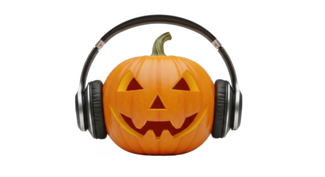 A carved Halloween pumpkin playfully wears black headphones, suggesting a festive audio experience.