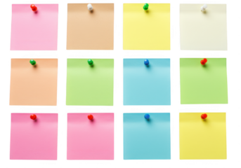 Colorful sticky notes with pushpins isolated on transparent background