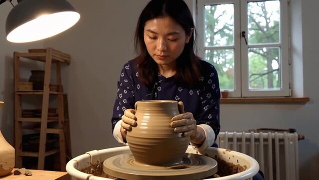 Primer plano de una mujer sentada, concentrada, con las manos cubiertas de greda húmeda, moldeando un florero en un torno de alfarero