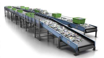 Recycling process conveyor belt with sorted plastic bottles and containers moving along industrial sorting line for waste management and environmental care