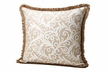Obraz premium Elegant Beige and White Floral Pattern Decorative Throw Pillow with Fringe Border