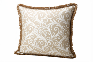 Elegant Beige and White Floral Pattern Decorative Throw Pillow with Fringe Border