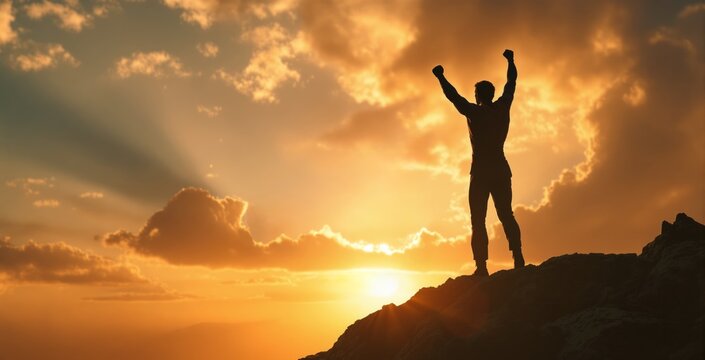 Silhouette of triumphant man with raised arms on mountain peak at sunrise symbolizing success, achievement, and motivation in business and life concept. Ai generative - Powered by Adobe