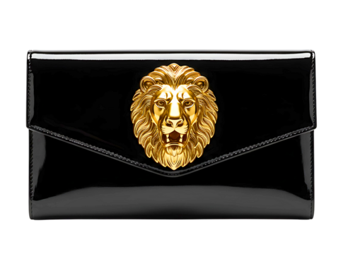 Elegant black clutch purse with golden lion emblem isolated on transparent background - Powered by Adobe