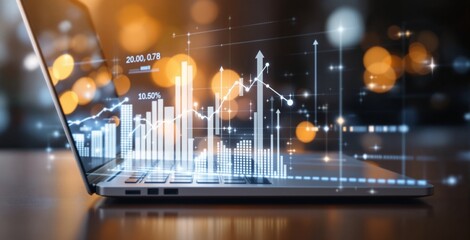 Laptop displaying digital financial charts and data analysis interface with glowing graphs and percentages on abstract blurred background concept. Ai generative