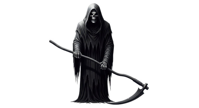 Grim Reaper, skeletal figure, hooded robe, scythe, death, monochrome artwork. - Powered by Adobe