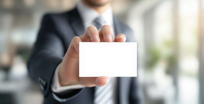 Businessman holding blank business card closeup with bright blurred office backdrop for mockup or presentation concept template layout design space. Ai generative