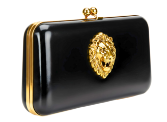 Elegant black clutch purse with golden lion emblem isolated on transparent background
