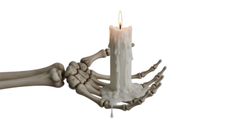 A skeletal hand gently cradles a melting candle, its flame flickering against a stark white background.