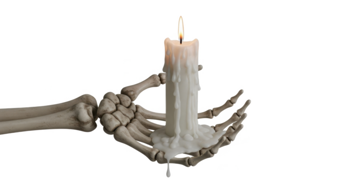 A skeletal hand gently cradles a melting candle, its flame flickering against a stark white background.