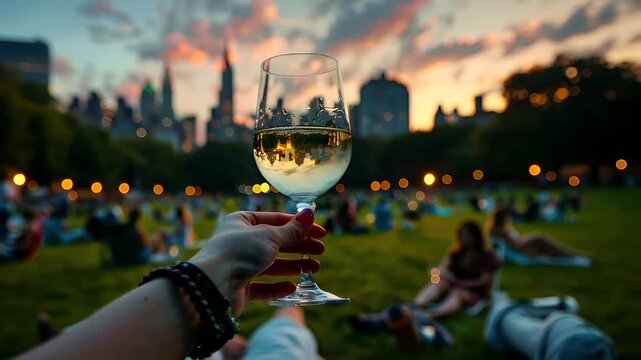 A hand holding a wine glass with a cityscape etched onto it during sunset. The glass is filled with white wine, and the city skyline is visible in the background.