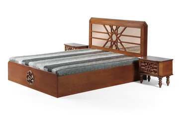 Modern bed and bedside table isolated on white background