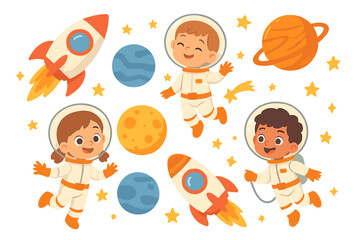 Cute kids astronauts exploring the universe. Vector cartoon set with children in space suits, rockets, planets, and stars. Playful galaxy explorers collection illustration.