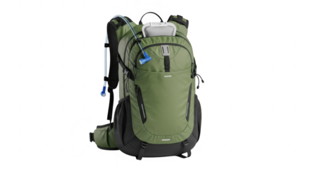 3d icon of green hiking backpack isolated on transparent background, perfect for outdoor adventures, travel, and sports, featuring multiple pockets and adjustable straps