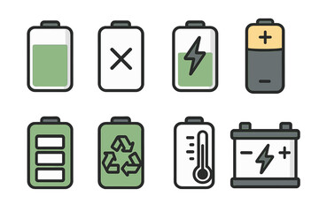 Battery icon set. Charge level and status indicators. Power, energy, and accumulator symbols. Full, low, and empty battery. Recycling, temperature, and car battery icons.