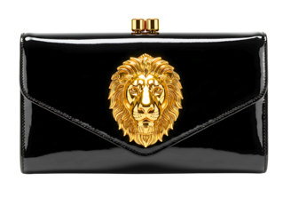 Elegant black clutch purse with golden lion emblem isolated on transparent background