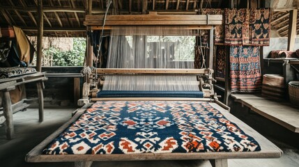 Traditional loom weaving an intricate textile pattern in a rustic Indonesian workshop