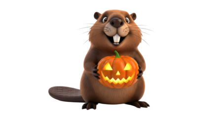 A cheerful cartoon beaver proudly holds a glowing jack-o'-lantern pumpkin.