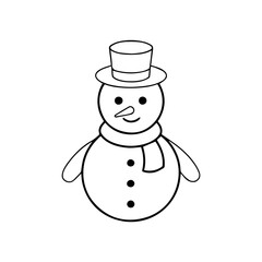 Simple black and white drawing of a friendly snowman.
