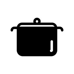 Black and white illustration of a cooking pot.
