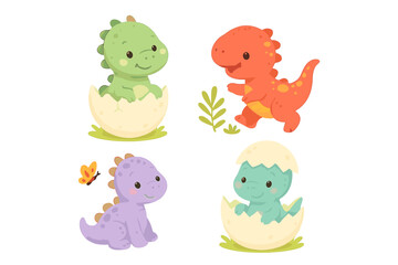 Cute baby dinosaur stickers collection. Cartoon dino characters hatching from eggs and playing. Adorable prehistoric animal vector illustration set for kids and children's decor.