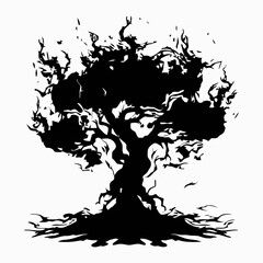 A powerful, stylized black tree, roots and branches reaching out.
