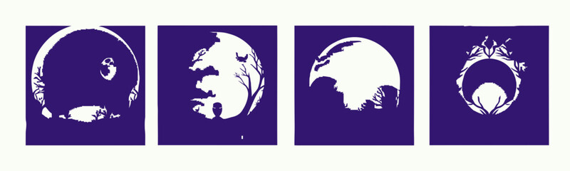 Abstract design of four stylized symbols on a purple background.