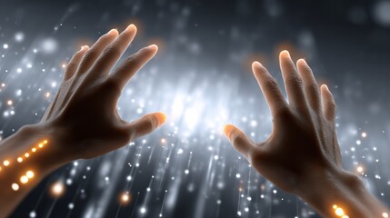 A pair of hands reaching towards a luminous, digital-like light, surrounded by shimmering particles, conveying a sense of connection to technology and the digital world.