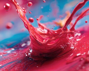 Vibrant red paint splash with liquid droplets on a colorful surface background