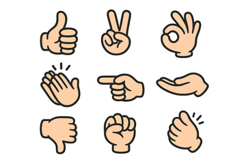 Hand gestures vector icon set. Cartoon emoji hands showing like, dislike, thumbs up, peace, victory, ok sign, pointing, clapping. Communication and emotion symbols.