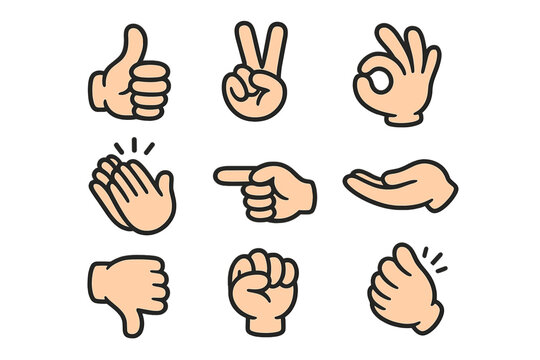 Hand gestures vector icon set. Cartoon emoji hands showing like, dislike, thumbs up, peace, victory, ok sign, pointing, clapping. Communication and emotion symbols.