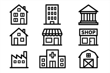 Vector building icon set. Collection of simple black and white outline illustrations. House, home, bank, shop, factory, hospital, barn. Real estate and architecture symbols.