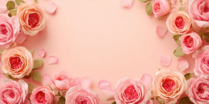 Romantic pink roses and petals on a pastel background for love and celebration