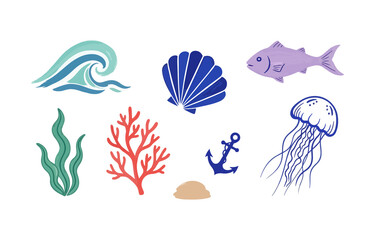 Collection of colorful marine life and ocean elements isolated on transparent background