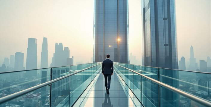 Businessman walking on futuristic glass bridge between skyscrapers in modern city at sunrise, symbolizing ambition and leadership journey concept. Ai generative