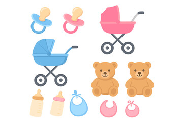 Vector set of cute baby accessories for a newborn boy and girl. Flat cartoon illustration of pink and blue stroller, pacifier, bottle, bib, and teddy bear toy. Isolated icons.
