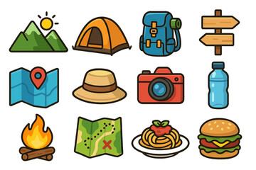 Travel and camping icon set. Outdoor adventure and hiking elements. Vector cartoon collection with tent, backpack, map, camera, campfire, mountain, food, and signpost.