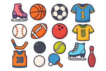 Sports equipment icon set. Big collection of game items. Football, basketball, soccer, baseball, hockey, tennis, bowling. Vector flat cartoon illustration sticker pack.