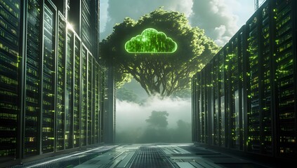 A green cloud icon floating above an array of black server towers, surrounded by small glowing data streams