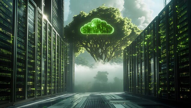A green cloud icon floating above an array of black server towers, surrounded by small glowing data streams - Powered by Adobe