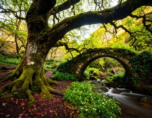 Serene Forest Landscape Featuring a Moss-Covered Tree and a Stone Bridge Over a Gentle Stream